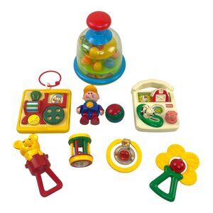 Vintage Baby Toys Push & Pop Spin Top Balls Rattles Animals Train Activity Lot